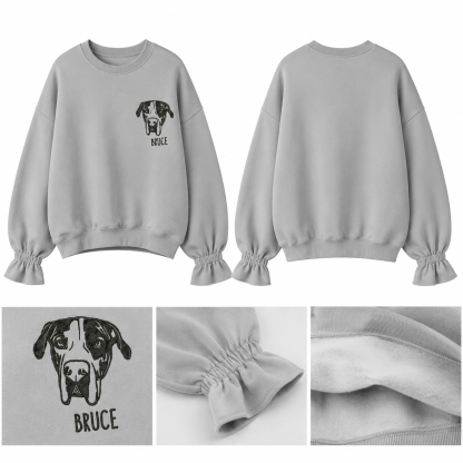 Custom Pet Embroidered Women's Casual Crew Neck Sweatshirt, Personalized Dog Portrait Long Sleeve Ruched Loose Fitting Pullover Top