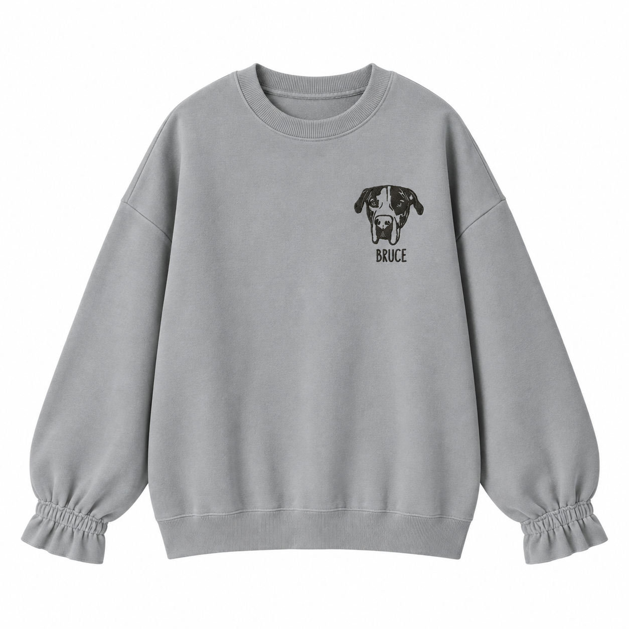 Custom Pet Embroidered Women's Casual Crew Neck Sweatshirt, Personalized Dog Portrait Long Sleeve Ruched Loose Fitting Pullover Top
