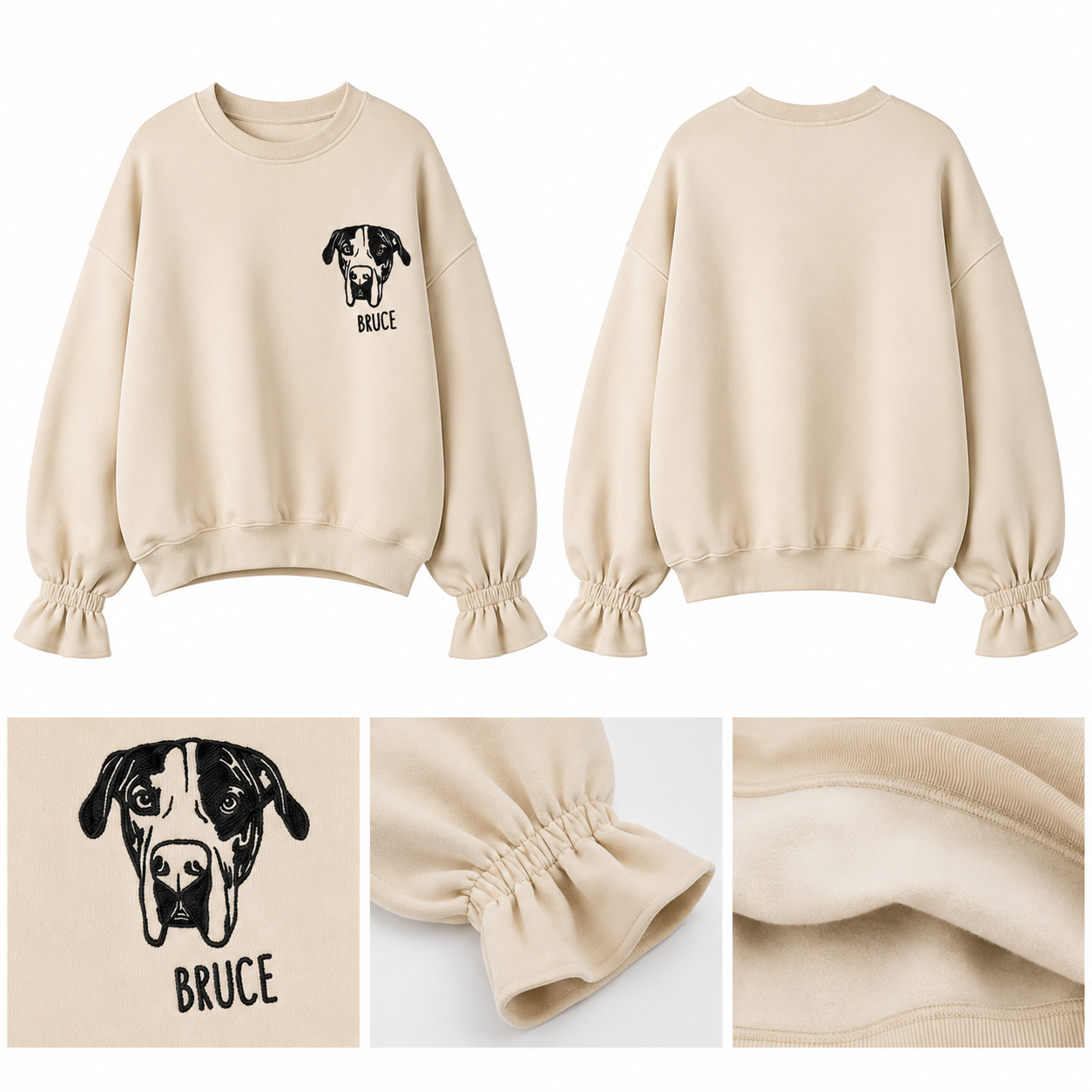 Custom Pet Embroidered Women's Casual Crew Neck Sweatshirt, Personalized Dog Portrait Long Sleeve Ruched Loose Fitting Pullover Top