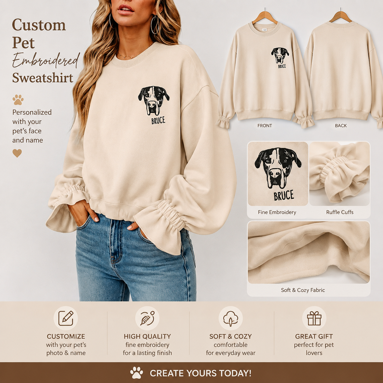 Custom Pet Embroidered Women's Casual Crew Neck Sweatshirt, Personalized Dog Portrait Long Sleeve Ruched Loose Fitting Pullover Top