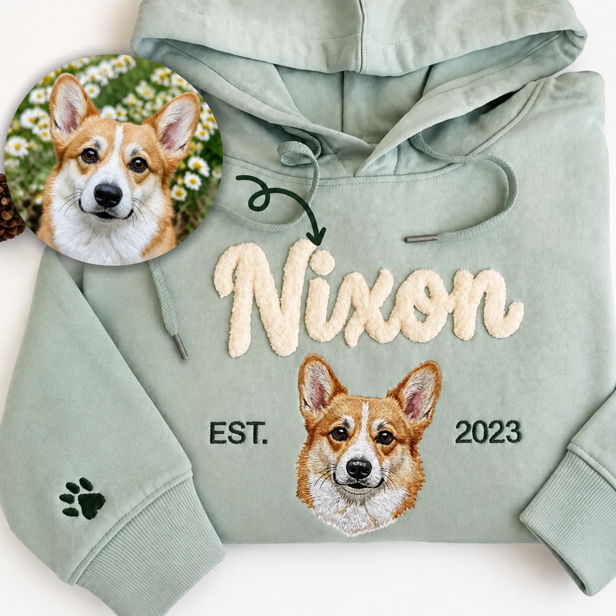 Personalized Chenille Embroidered Pet Portrait Sweatshirt with Name & EST. Year
