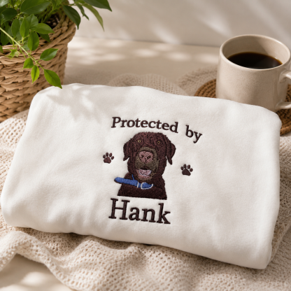 Custom Pet Embroidery Kids Sweatshirt, Personalized Dog Portrait Crewneck, Protected by My Dog Sweatshirt, Custom Pet Name Pullover, Pet Lover Gift