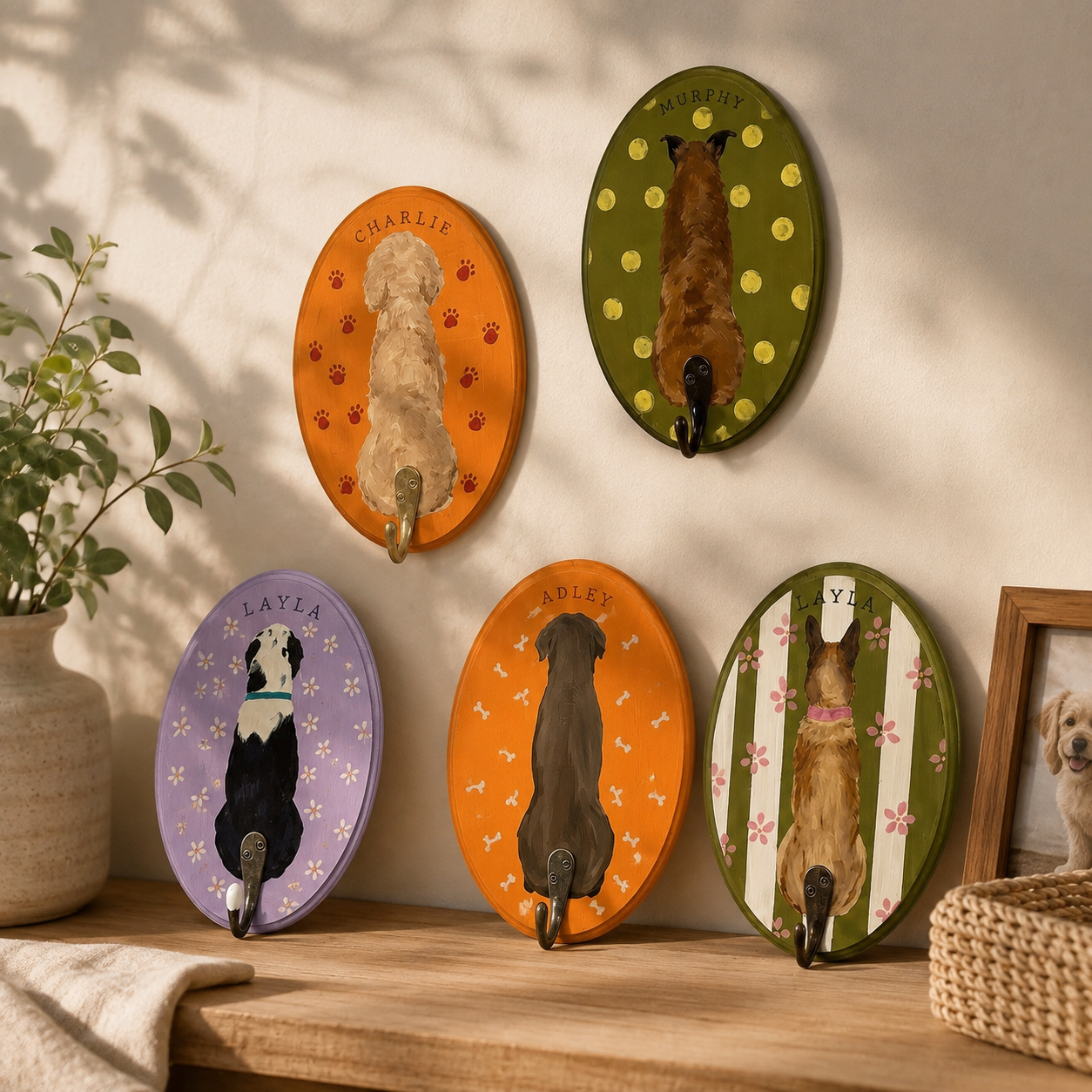 Custom Hand-Painted Pet Leash Holder, Personalized Dog & Cat Portrait Wall Hook, Pet Name Wall Decor, Dog Lover Gift