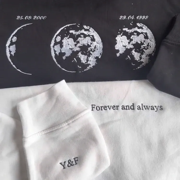 Custom Embroidered Couple Hoodie with Moon & Silhouette Design