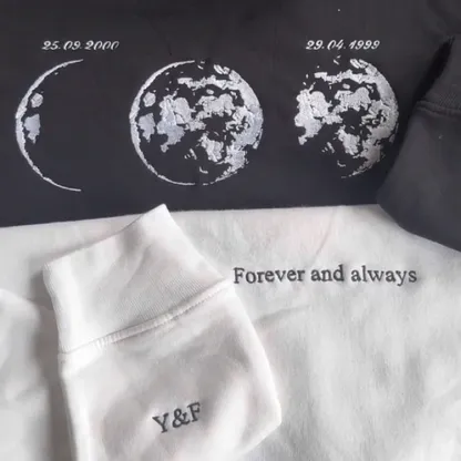 Custom Embroidered Couple Hoodie with Moon & Silhouette Design