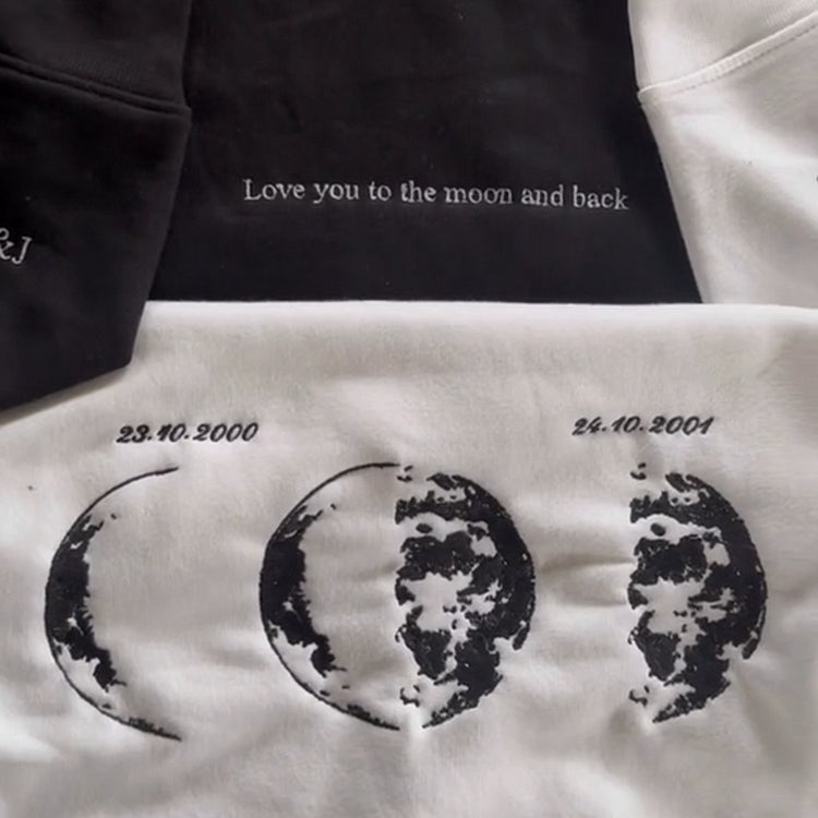 Custom Embroidered Couple Hoodie with Moon & Silhouette Design