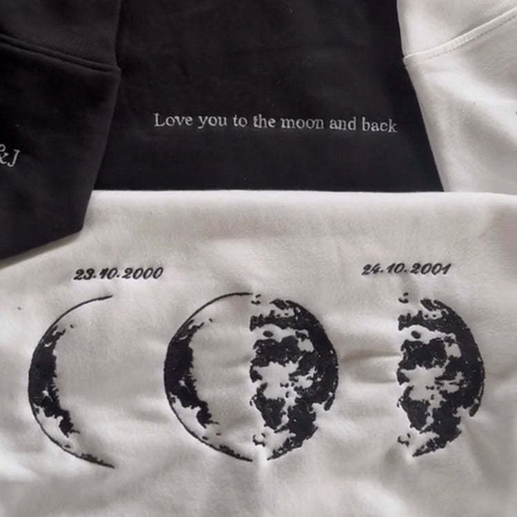 Custom Embroidered Couple Hoodie with Moon & Silhouette Design