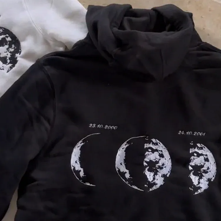 Custom Embroidered Couple Hoodie with Moon & Silhouette Design