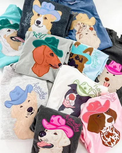 Custom Pet Portrait Applique Embroidered T-Shirt Sweatshirt Dog Wearing Denim Cowboy Hat Personalized Patchwork Pet Shirt