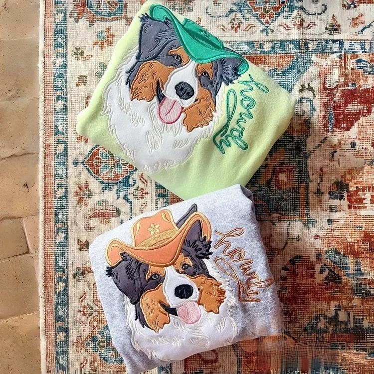 Custom Pet Portrait Applique Embroidered T-Shirt Sweatshirt Dog Wearing Denim Cowboy Hat Personalized Patchwork Pet Shirt