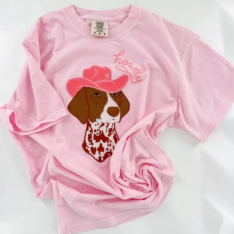 Custom Pet Portrait Applique Embroidered T-Shirt Sweatshirt Dog Wearing Denim Cowboy Hat Personalized Patchwork Pet Shirt
