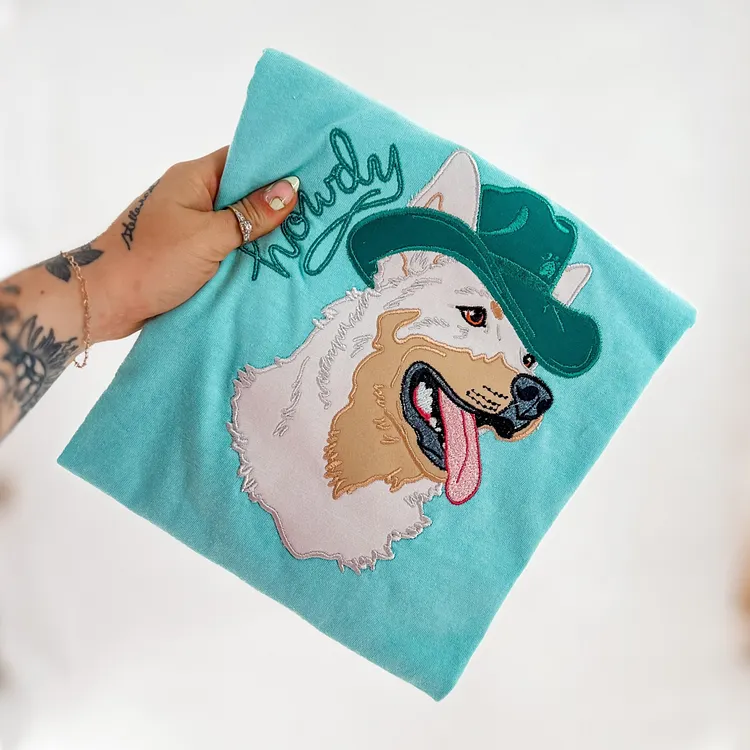 Custom Pet Portrait Applique Embroidered T-Shirt Sweatshirt Dog Wearing Denim Cowboy Hat Personalized Patchwork Pet Shirt
