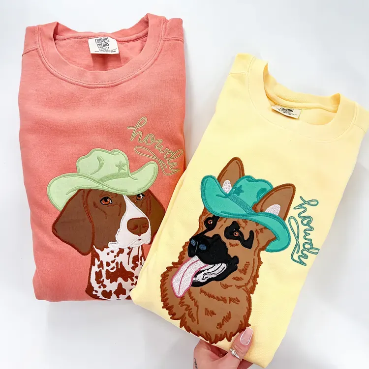 Custom Pet Portrait Applique Embroidered T-Shirt Sweatshirt Dog Wearing Denim Cowboy Hat Personalized Patchwork Pet Shirt