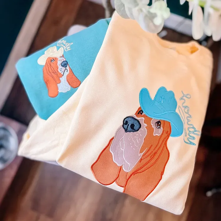 Custom Pet Portrait Applique Embroidered T-Shirt Sweatshirt Dog Wearing Denim Cowboy Hat Personalized Patchwork Pet Shirt