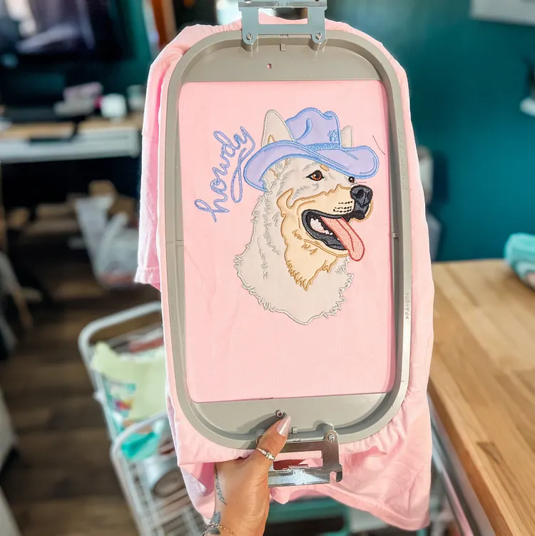 Custom Pet Portrait Applique Embroidered T-Shirt Sweatshirt Dog Wearing Denim Cowboy Hat Personalized Patchwork Pet Shirt