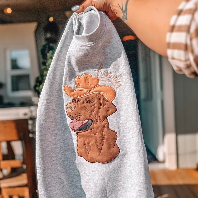 Custom Pet Portrait Applique Embroidered T-Shirt Sweatshirt Dog Wearing Denim Cowboy Hat Personalized Patchwork Pet Shirt
