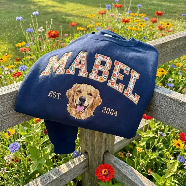 Custom Pet Portrait Floral Applique Embroidered Sweatshirt Hoodie T-shirt