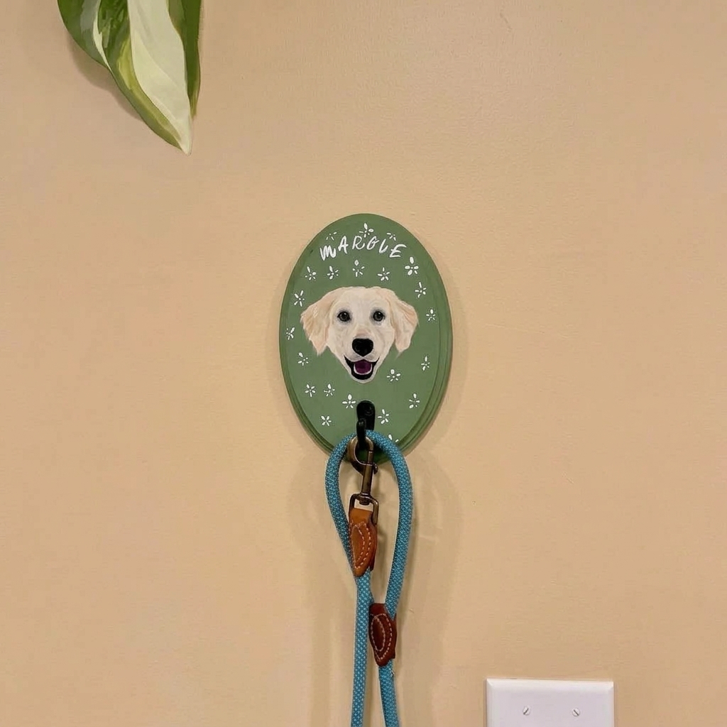 Custom Hand-Painted Pet Tail Hook, Personalized Dog & Cat Portrait Leash Holder, Pet Name Wall Decor, Dog Lover Gift