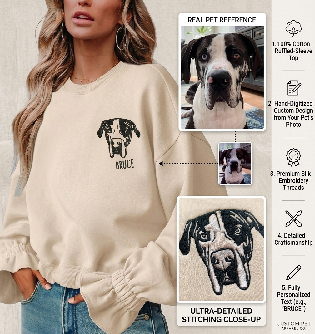 Custom Pet Embroidered Women's Casual Crew Neck Sweatshirt, Personalized Dog Portrait Long Sleeve Ruched Loose Fitting Pullover Top