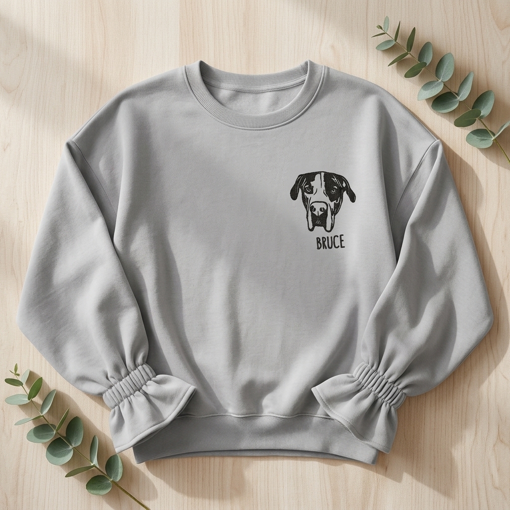 Custom Pet Embroidered Women's Casual Crew Neck Sweatshirt, Personalized Dog Portrait Long Sleeve Ruched Loose Fitting Pullover Top