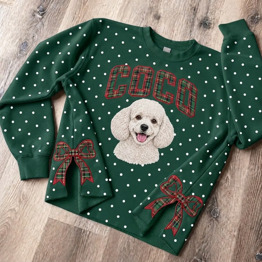 Personalized Pet Portrait Embroidered Polka Dot Sweatshirt with Plaid Bow Side Slits