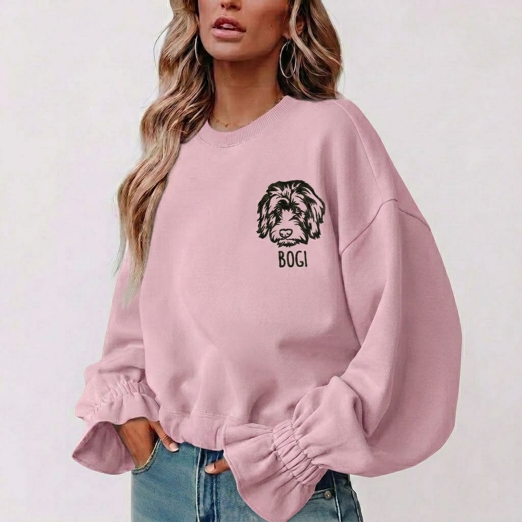 Custom Pet Embroidered Women's Casual Crew Neck Sweatshirt, Personalized Dog Portrait Long Sleeve Ruched Loose Fitting Pullover Top