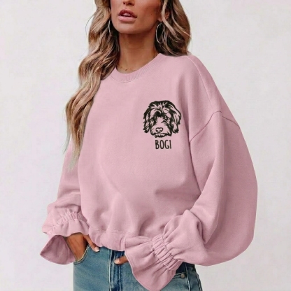 Custom Pet Embroidered Women's Casual Crew Neck Sweatshirt, Personalized Dog Portrait Long Sleeve Ruched Loose Fitting Pullover Top