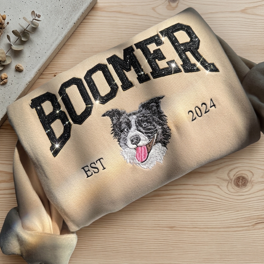 Custom Sequin Pet Embroidered Sweatshirt, Personalized Dog Portrait & Name, Sparkle Letter Design, Custom EST Year, Pet Lover Gift