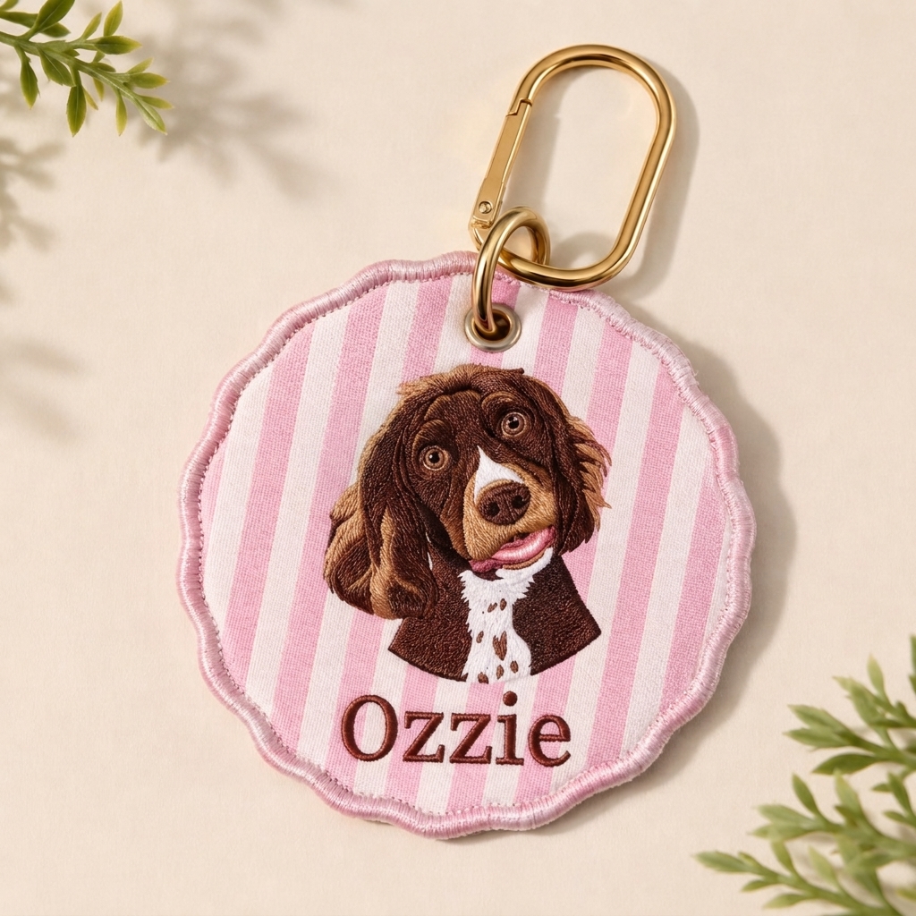Custom Pet Portrait Embroidered Gingham Keychain, Personalized Dog & Cat Bag Charm, Cute Pet Lover Gift