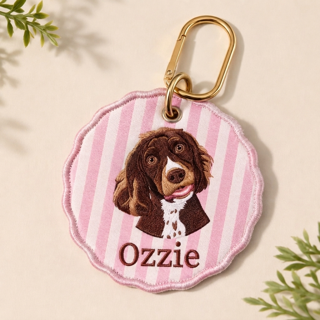 Custom Pet Portrait Embroidered Gingham Keychain, Personalized Dog & Cat Bag Charm, Cute Pet Lover Gift