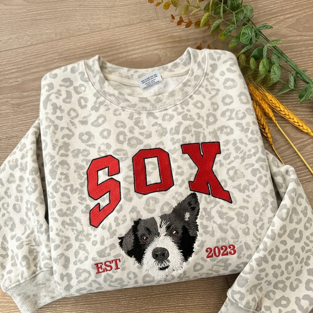 Custom Leopard Print Embroidered Pet Sweatshirt, Personalized Dog Face, Name & EST Year, Pet Mom Gift
