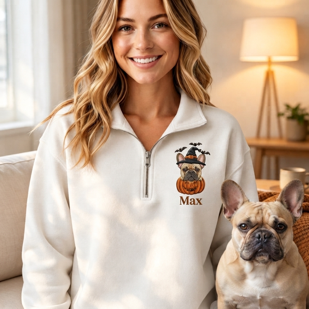 Custom Halloween Pet Portrait Embroidered Quarter Zip Sweatshirt