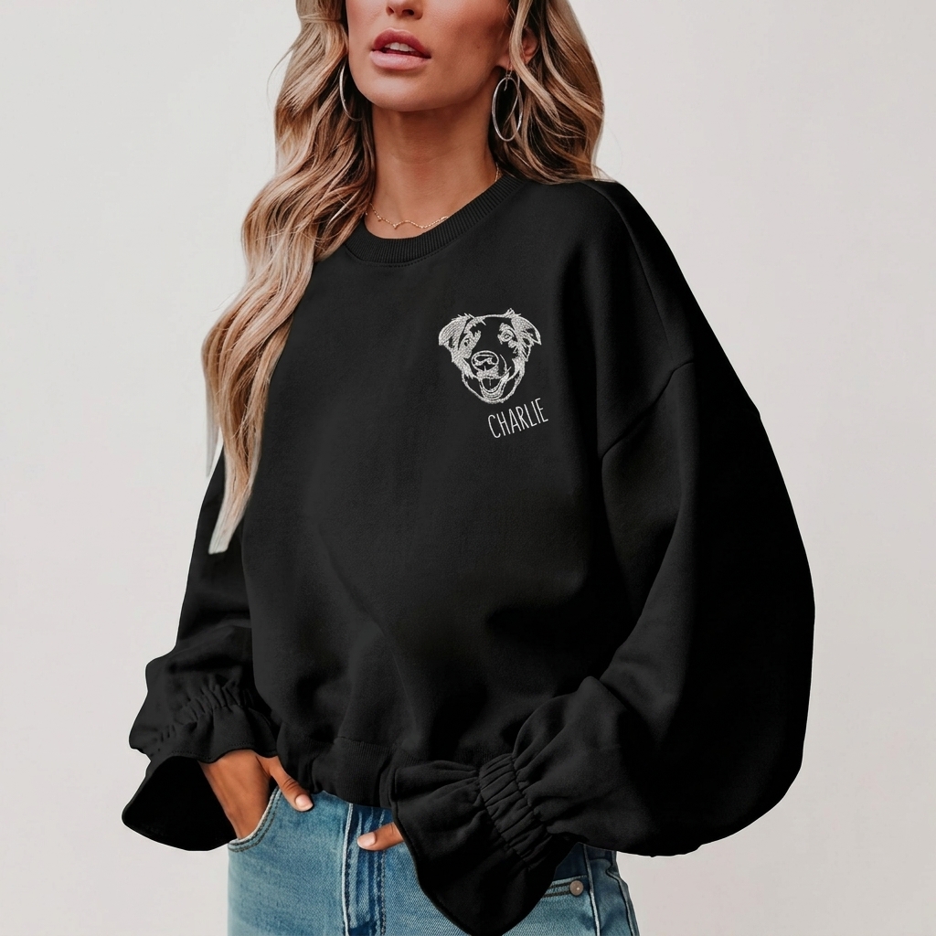 Custom Pet Embroidered Women's Casual Crew Neck Sweatshirt, Personalized Dog Portrait Long Sleeve Ruched Loose Fitting Pullover Top