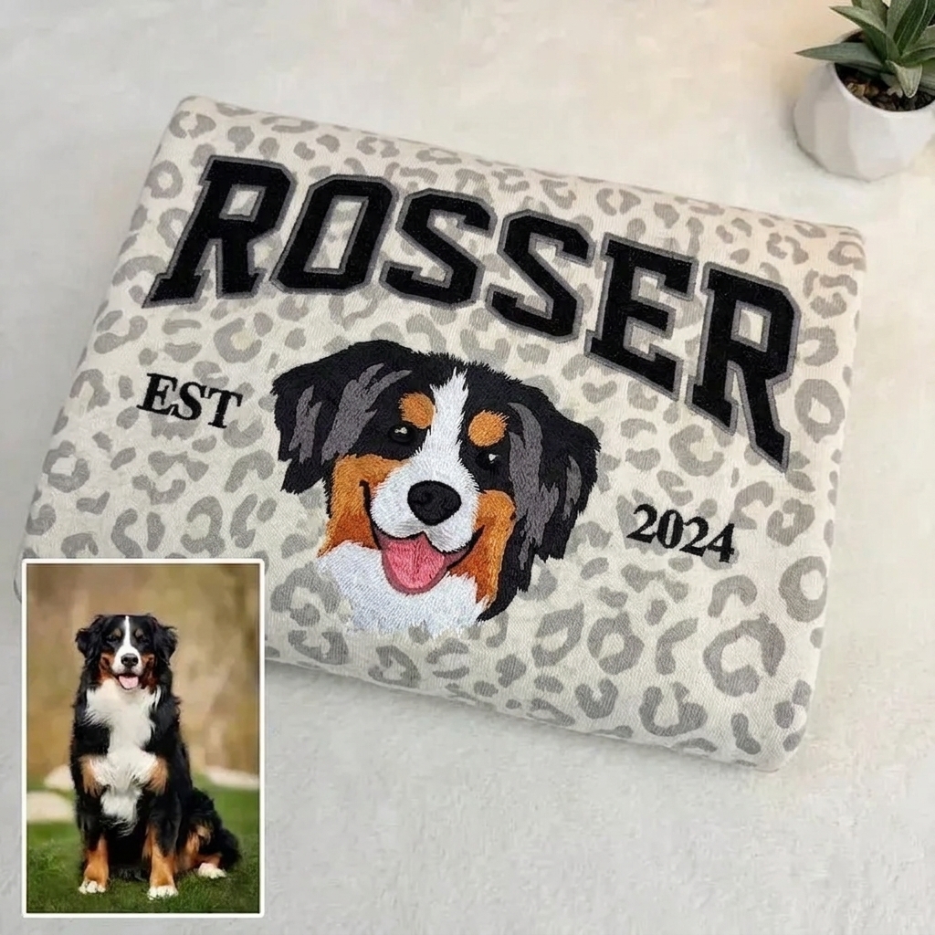 Custom Leopard Print Embroidered Pet Sweatshirt, Personalized Dog Face, Name & EST Year, Pet Mom Gift