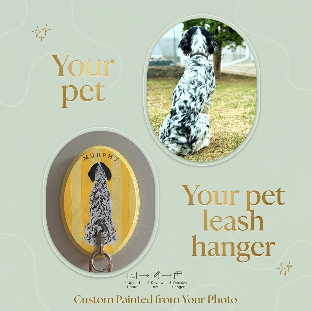 Custom Hand-Painted Pet Leash Holder, Personalized Dog & Cat Portrait Wall Hook, Pet Name Wall Decor, Dog Lover Gift