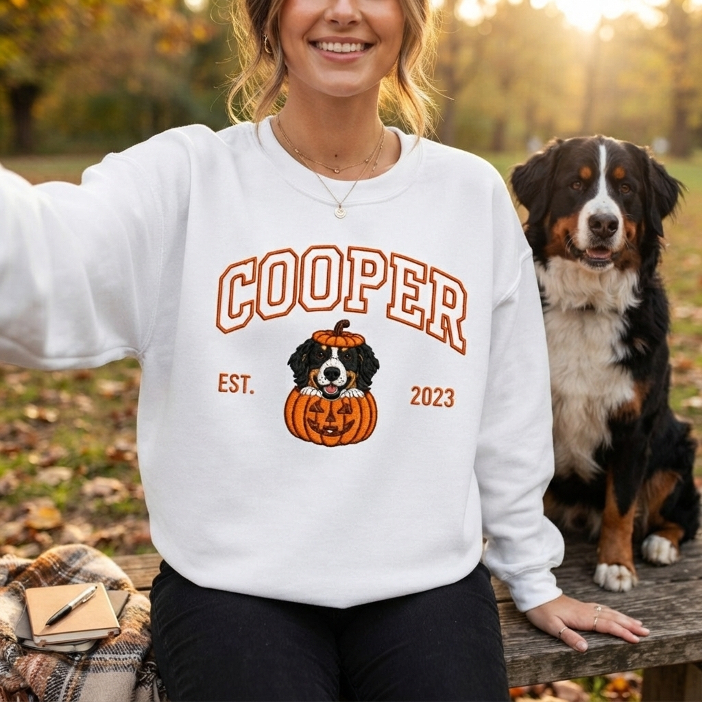 Custom Halloween Pet Portrait Embroidered Sweatshirt – Personalized Dog & Cat Halloween Gift for Pet Lovers