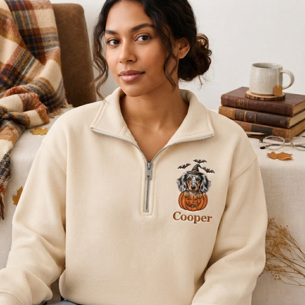 Custom Halloween Pet Portrait Embroidered Quarter Zip Sweatshirt