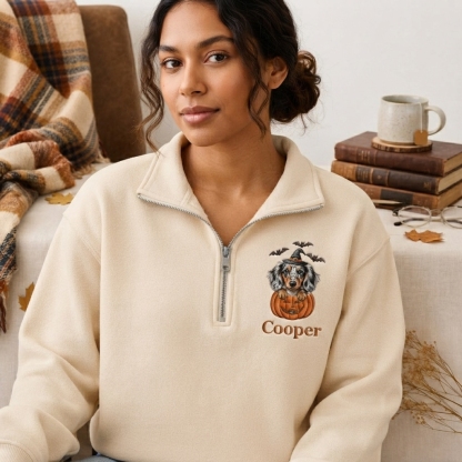 Custom Halloween Pet Portrait Embroidered Quarter Zip Sweatshirt
