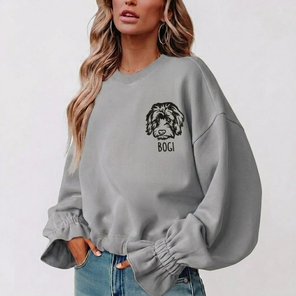 Custom Pet Embroidered Women's Casual Crew Neck Sweatshirt, Personalized Dog Portrait Long Sleeve Ruched Loose Fitting Pullover Top