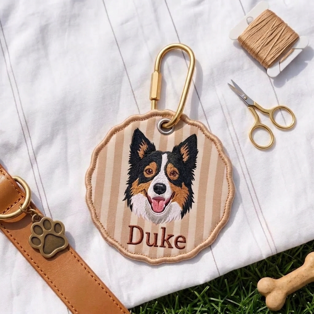 Custom Pet Portrait Embroidered Gingham Keychain, Personalized Dog & Cat Bag Charm, Cute Pet Lover Gift