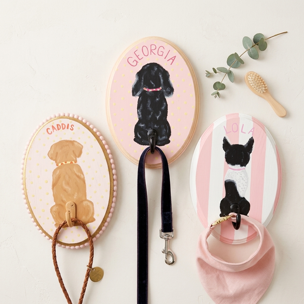 Custom Hand-Painted Pet Leash Holder, Personalized Dog & Cat Portrait Wall Hook, Pet Name Wall Decor, Dog Lover Gift