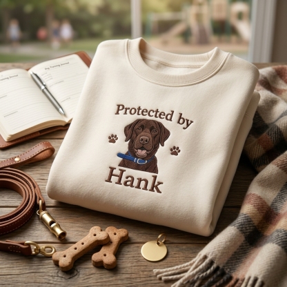 Custom Pet Embroidery Kids Sweatshirt, Personalized Dog Portrait Crewneck, Protected by My Dog Sweatshirt, Custom Pet Name Pullover, Pet Lover Gift