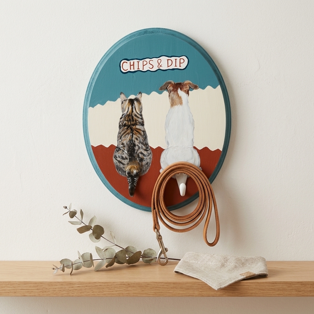 Custom Hand-Painted Pet Leash Holder, Personalized Dog & Cat Portrait Wall Hook, Pet Name Wall Decor, Dog Lover Gift