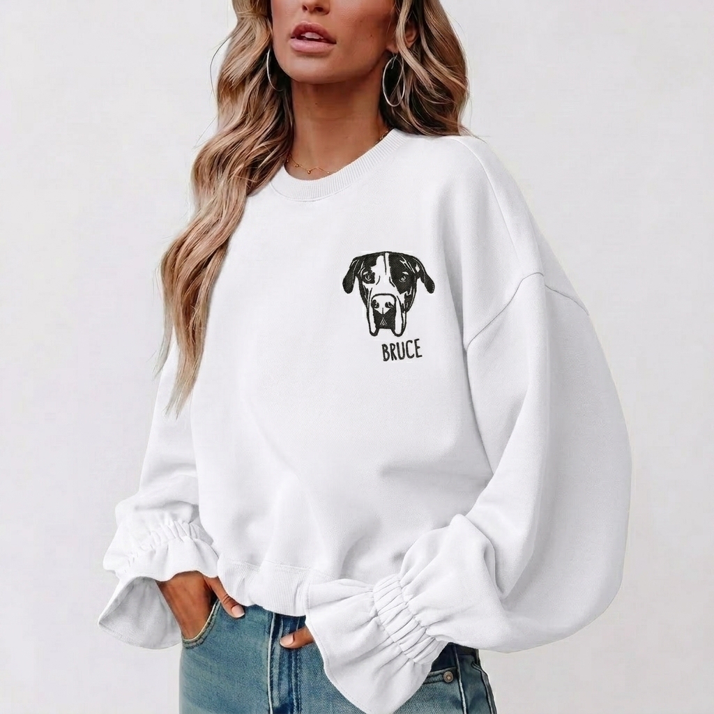 Custom Pet Embroidered Women's Casual Crew Neck Sweatshirt, Personalized Dog Portrait Long Sleeve Ruched Loose Fitting Pullover Top