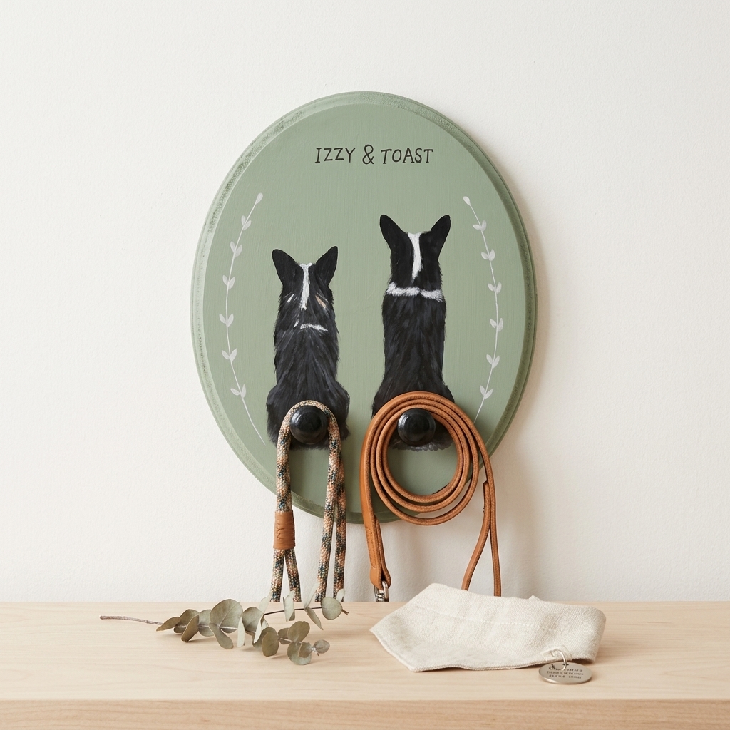 Custom Hand-Painted Pet Leash Holder, Personalized Dog & Cat Portrait Wall Hook, Pet Name Wall Decor, Dog Lover Gift