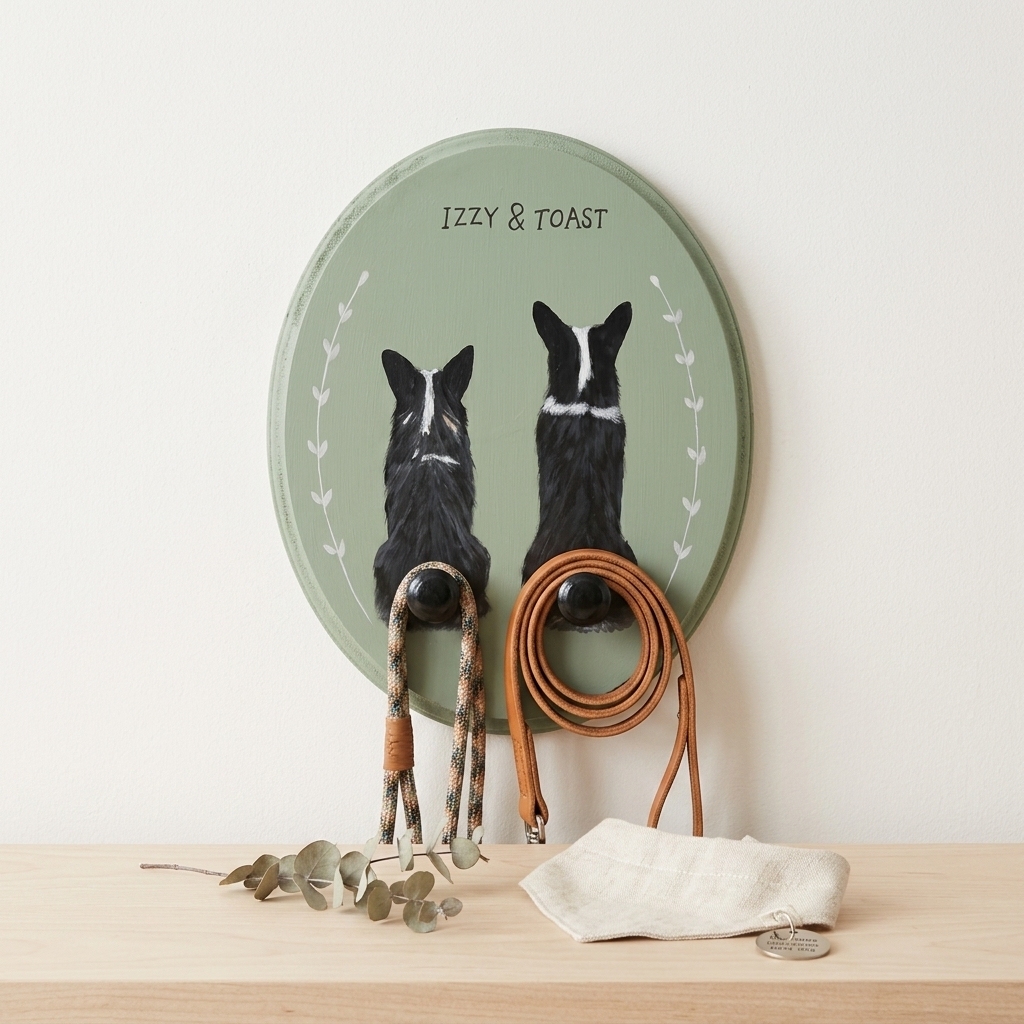 Custom Hand-Painted Pet Leash Holder, Personalized Dog & Cat Portrait Wall Hook, Pet Name Wall Decor, Dog Lover Gift