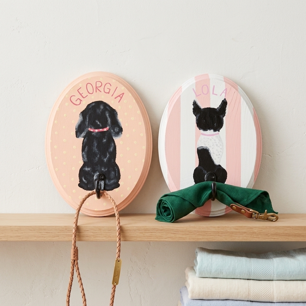 Custom Hand-Painted Pet Leash Holder, Personalized Dog & Cat Portrait Wall Hook, Pet Name Wall Decor, Dog Lover Gift