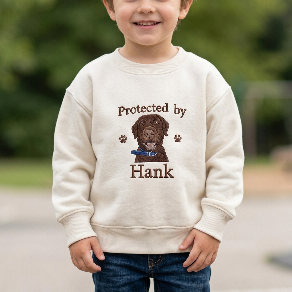 Custom Pet Embroidery Kids Sweatshirt, Personalized Dog Portrait Crewneck, Protected by My Dog Sweatshirt, Custom Pet Name Pullover, Pet Lover Gift