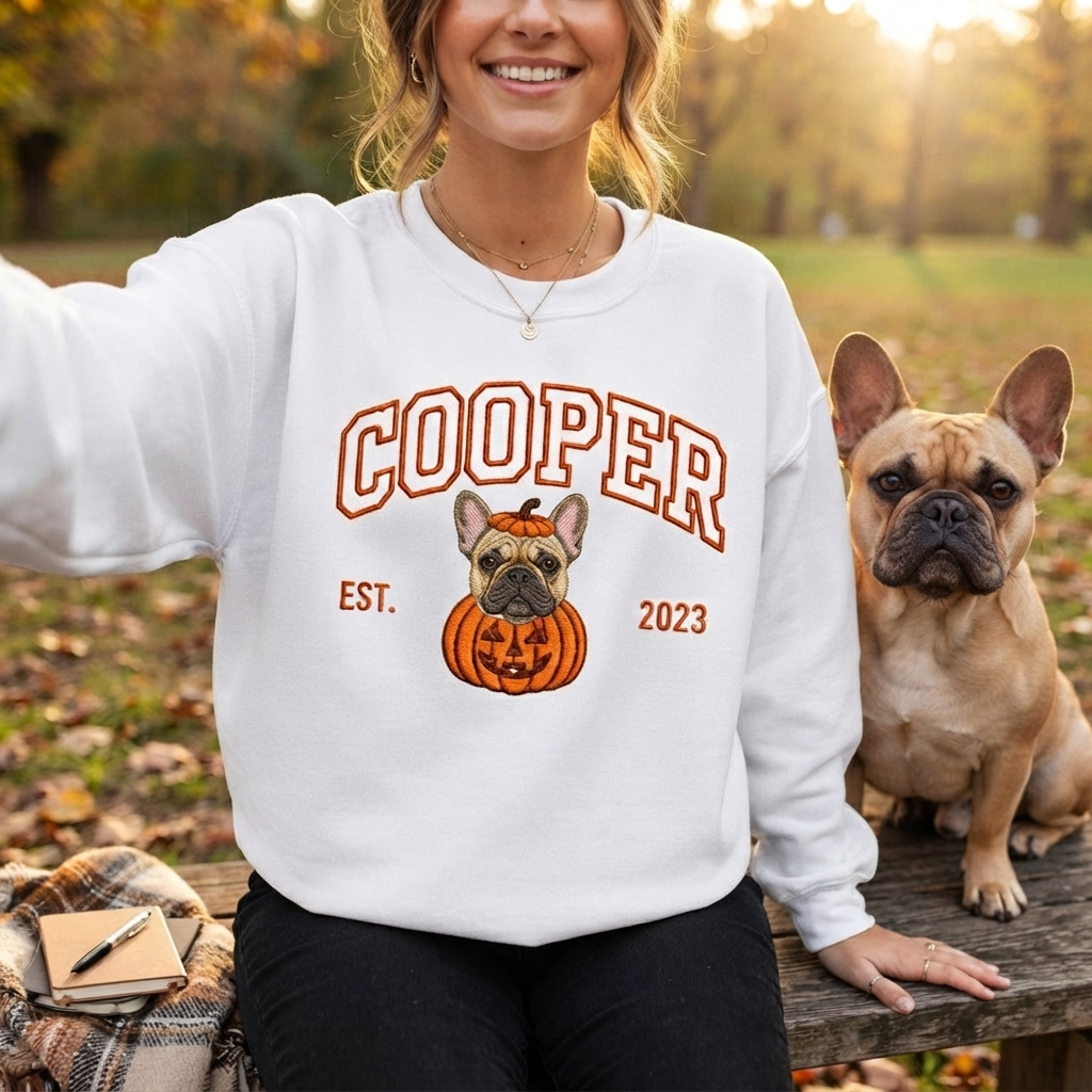 Custom Halloween Pet Portrait Embroidered Sweatshirt – Personalized Dog & Cat Halloween Gift for Pet Lovers
