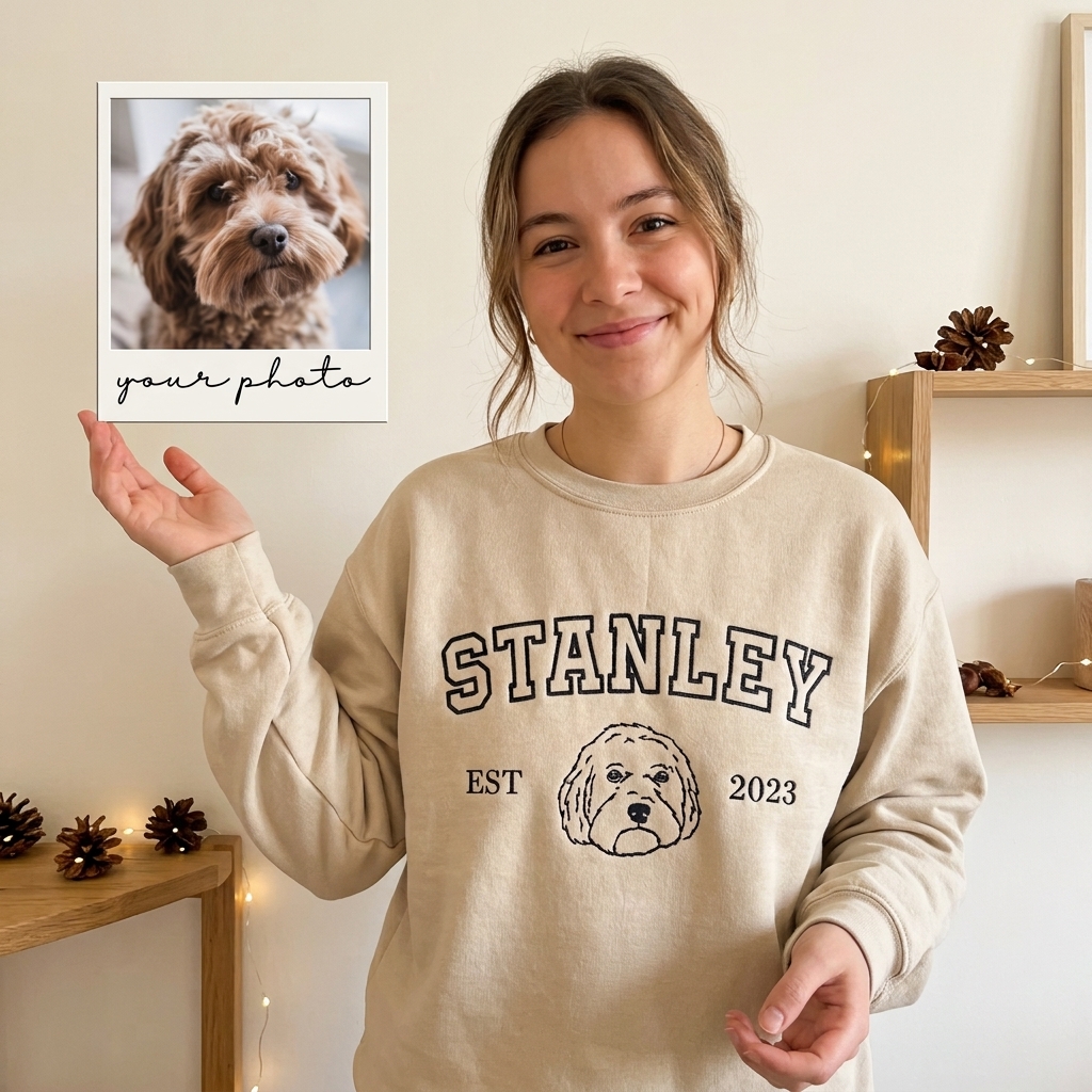 Custom Pet Outline Embroidered Hoodie, Personalized Dog Name & Pet Face from Your Photo, Varsity Style Sweatshirt, Custom EST Year, Dog Lover Gift